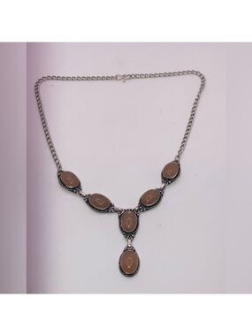 Vtg Peach Moonstone Cabochon Stone Silver Tone Necklace 17” + 1.7”